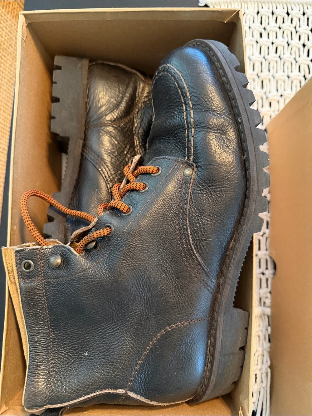 J. Crew Black Leather Men’s Lace-Up Boots with Orange Laces